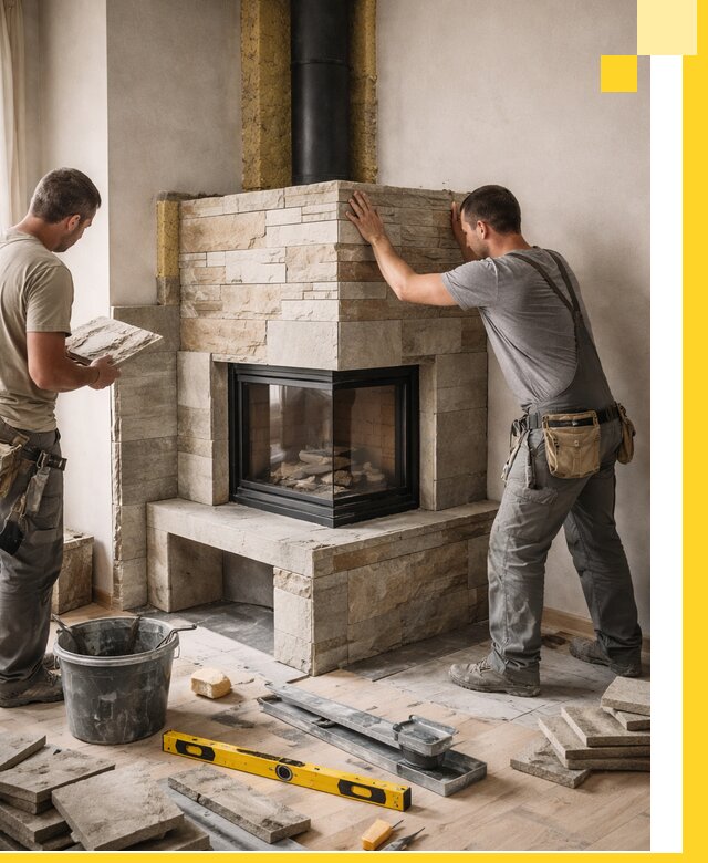 Угловые камины под ключ проект, монтаж и отделка в Кандалакше